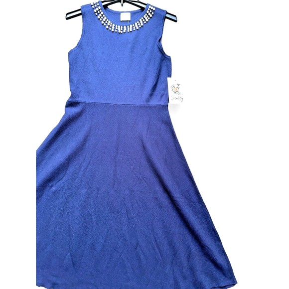 1940s Navy High Waist Retro Pearl Sleeveless Womens XL Sweater Dress - Picture 4 of 15